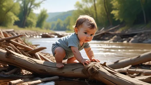 Prompt: Baby boy on wooden debris reaching the river, people washing clothes noticing him, serene river scene, realistic digital art, vibrant colors, warm natural lighting, detailed baby facial features, flowing river water, wooden debris, curious onlookers, high quality, detailed realism, natural lighting, river scene, curious observers, vibrant colors