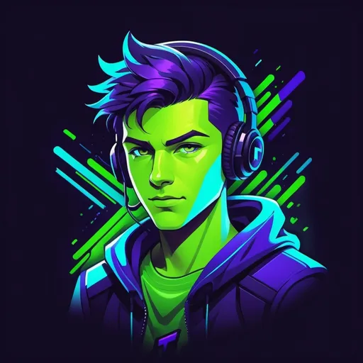 Prompt: (Gamer boy Twitch gaming logo), vivid neon colors, bold and dynamic design, energetic and modern, stylized illustration, dark background, electric blue and neon green highlights, futuristic elements, high-tech aesthetic, clean lines, sharp details, ultra-detailed, high resolution, 4K quality, visually engaging and captivating, trendy and cool vibe, digital graphic art masterpiece, stylish and sleek