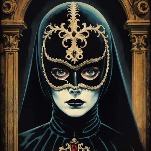 Prompt: Phantom of the paradise, Italian horror movie poster style, vintage color palette, dramatic lighting, detailed facial features, gothic architecture, eerie atmosphere, textured oil painting, high contrast, sinister gaze, distressed textures, hauntingly beautiful, vintage horror, cinematic composition, detailed costume design, baroque elements, best quality, highres, vintage, horror movie poster, gothic, dramatic lighting, detailed facial features, oil painting, eerie atmosphere, vintage horror, vintage color palette, sinister, baroque, cinematic composition, hauntingly beautiful, high contrast, detailed costume design, dramatic, textured
