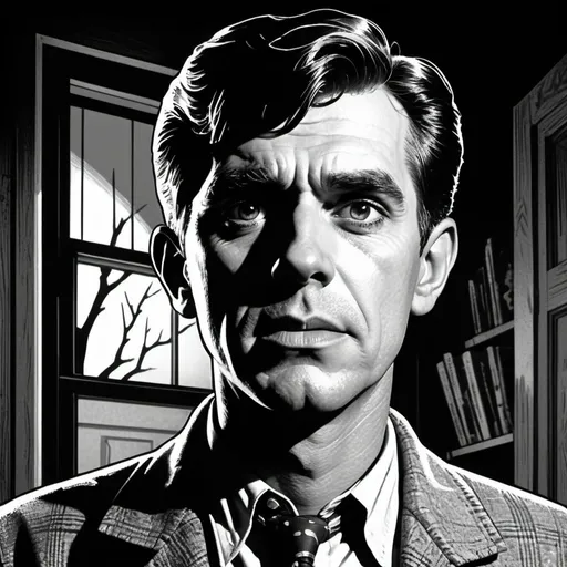 Prompt: Norman Bates in Jack Kirby style, retro comic book illustration, intense expression, iconic black and white contrast, dynamic action poses, vintage horror vibes, detailed linework, high-contrast shading, dramatic lighting, classic comic book style, psychological thriller, vintage horror, intense black and white, dynamic composition, retro illustration, high quality, detailed linework, dramatic lighting