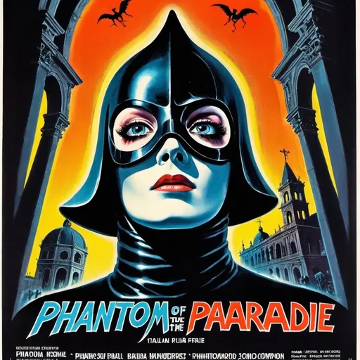 Prompt: Phantom of the paradise in Italian horror movie poster style from the 60's, vintage horror artwork, vibrant colors, dramatic lighting, detailed illustration, gothic architecture, theatrical composition, intense gaze, haunting atmosphere, high quality, detailed, vintage horror, Italian style, dramatic lighting, vibrant colors, gothic architecture, theatrical composition