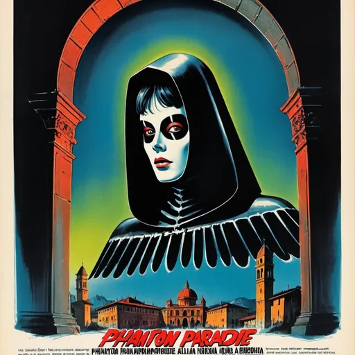 Prompt: Phantom of the paradise in Italian horror movie poster style from the 60's, vintage horror artwork, vibrant colors, dramatic lighting, detailed illustration, gothic architecture, theatrical composition, intense gaze, haunting atmosphere, high quality, detailed, vintage horror, Italian style, dramatic lighting, vibrant colors, gothic architecture, theatrical composition