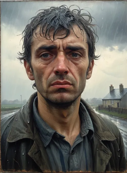 Prompt: Depiction of a disheveled, melancholic man, drenched in rain, 1976 North France backdrop, vintage oil painting, desolate atmosphere, somber mood, realistic details, gloomy palette, dim street lighting, high quality, moody, rain-soaked, vintage oil painting, desolate atmosphere, somber mood, realistic details, gloomy palette, dim street lighting