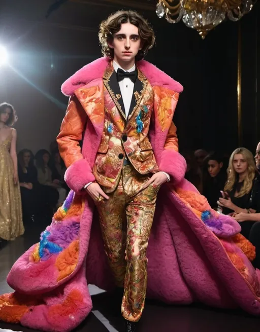 Prompt: Timothee chalamet walking runway at Dolcer fashion show, London Fashion Week, stock image, David LaChapelle, maximalism, flemish Baroque, high fashion, vibrant colors, opulent details, ornate textures, dramatic lighting, professional photography, highres, detailed, vibrant, flamboyant, extravagant, baroque, fashion week, runway, stock image, Dolcer, LaChapelle, lavish, luxurious, grandiose, opulence, dramatic, professional lighting, professional model