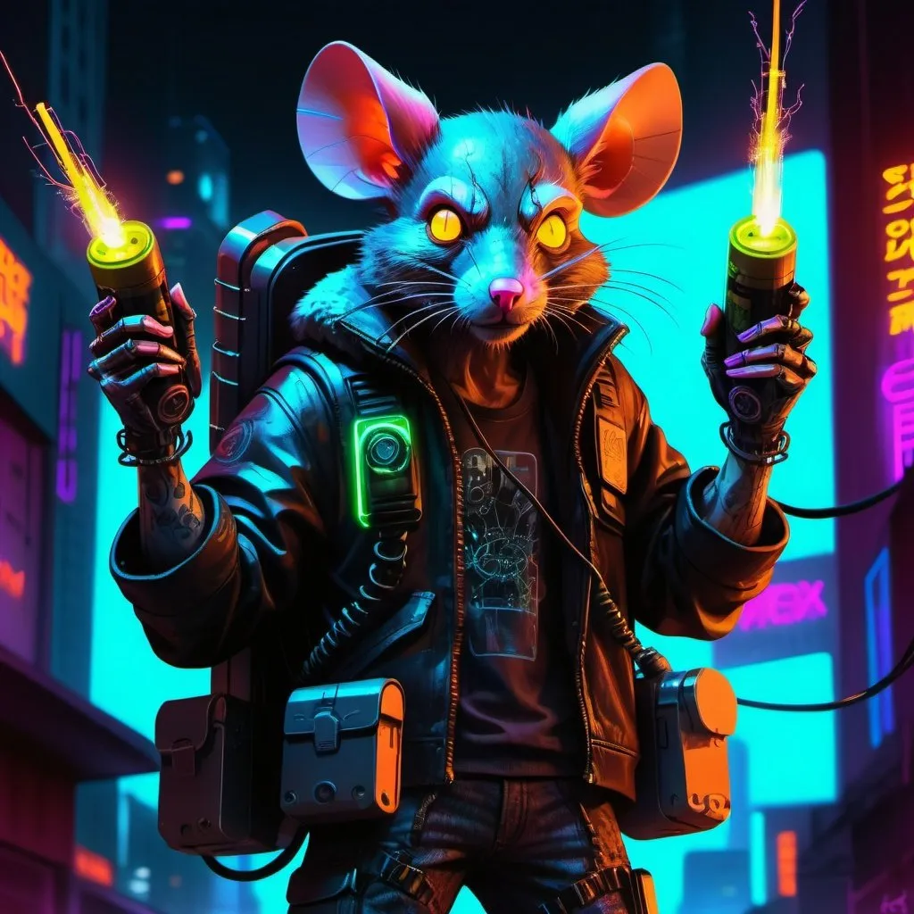 Prompt: RatMan with Bombs, digital illustration, neon-lit urban setting, detailed fur with cybernetic enhancements, menacing and wild gaze, high-tech explosives, city lights casting a neon glow, highres, ultra-detailed, cyberpunk, digital art, futuristic, detailed eyes, sleek design, professional, atmospheric lighting