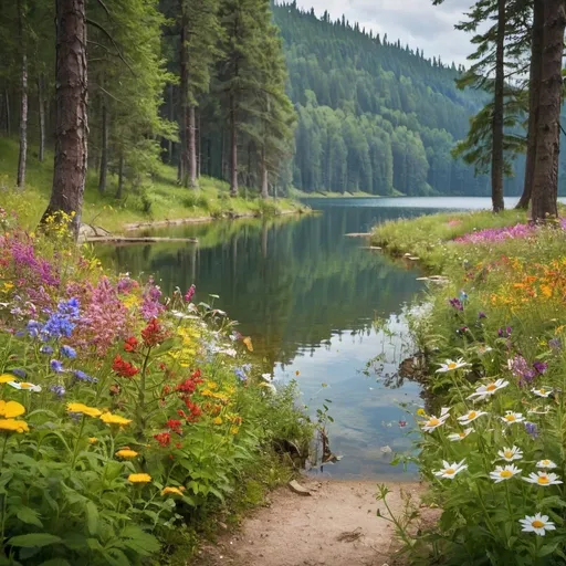 Prompt: A forest with a lot of colorful wild flowers near a lake