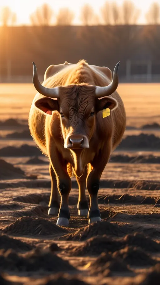 Prompt: A realistic ox standing alone in a dry, cracked field, quietly digging with its hoof and planting small seeds. The sun is low, golden hour light. The scene is calm and secretive.