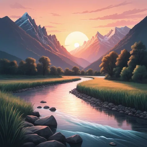 Prompt: Create an illustration featuring a river in the foreground transitioning from day to night. In the background, a sun is setting behind mountains. The scene should be rendered in pastel colors, blending realistic and vivid tones. The overall style should be a mix of illustration and realism, capturing the beauty of the transition from day to night.