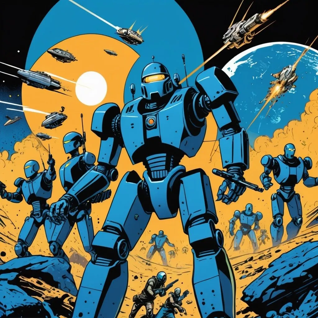 Prompt: Silk screen comic book illustration, a group of outlaws going against a war with an entire advanced civilization, space, futuristic, robots, artificial intelligence 