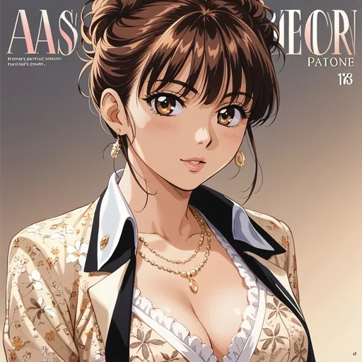 Prompt: handsome woman, (anime style), featured on magazine cover, elegant poses, 50's editorial color illustration, vintage aesthetic, retro fashion, soft pastel colors, warm golden tones, high contrast, (intricate detailing), expressive facial features, stylish hair, glossy finish, captivating ambiance, inviting atmosphere, ultra-detailed, polished presentation, engaging composition