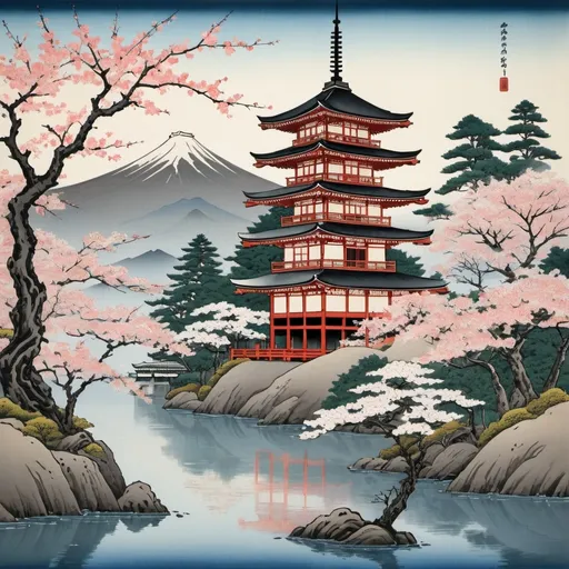 Prompt: (Ukiyo-e Japanese art) depicting a serene temple, intricate details in architecture, traditional Japanese landscape with cherry blossoms, hills in the background, soft and vibrant colors, delicate brushwork, tranquil ambiance, prompts a feeling of peace, cultural richness, (highly detailed), (masterpiece), (signature of artist), (traditional ink)