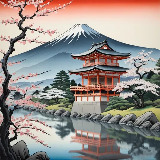 Prompt: (Ukiyo-e Japanese art) depicting a serene temple, intricate details in architecture, traditional Japanese landscape with cherry blossoms, hills in the background, soft and vibrant colors, delicate brushwork, tranquil ambiance, prompts a feeling of peace, cultural richness, (highly detailed), (masterpiece), (signature of artist), (traditional ink)