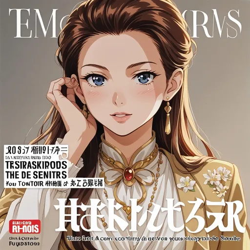 Prompt: handsome woman, (anime style), featured on magazine cover, elegant poses, 50's editorial color illustration, vintage aesthetic, retro fashion, soft pastel colors, warm golden tones, high contrast, (intricate detailing), expressive facial features, stylish hair, glossy finish, captivating ambiance, inviting atmosphere, ultra-detailed, polished presentation, engaging composition