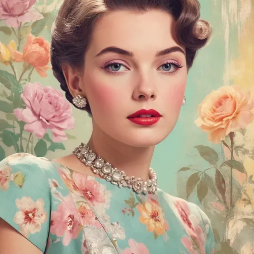 Prompt: (handsome woman) in impressionism style, (vibrant pastel colors), featured on a chic 1950s magazine cover, elegant dresses, retro hairstyle, thoughtful expression, softly blended details, whimsical background setting, floral accents, rich textural quality, nostalgic ambiance, (HD) illustration.