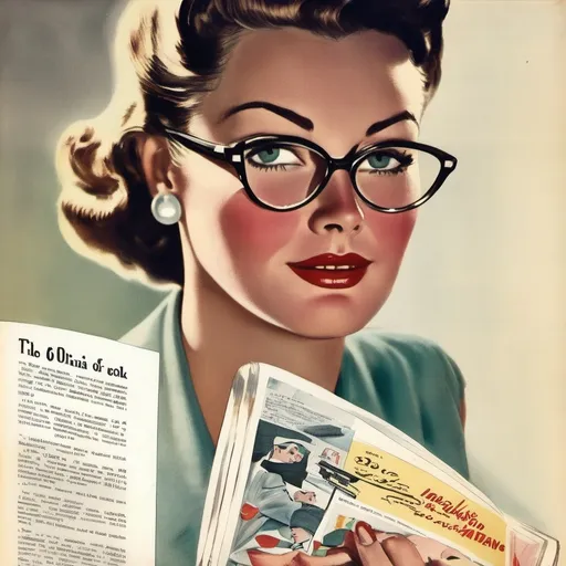 Prompt: handsome woman on the first page of magazine, 50's editorial color illustration