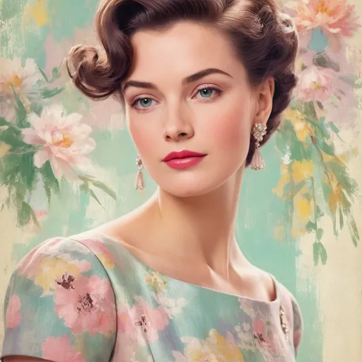 Prompt: (handsome woman) in impressionism style, (vibrant pastel colors), featured on a chic 1950s magazine cover, elegant dresses, retro hairstyle, thoughtful expression, softly blended details, whimsical background setting, floral accents, rich textural quality, nostalgic ambiance, (HD) illustration.