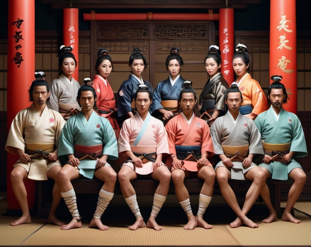 Prompt: photo in the style of Wes Anderson of a group of group of Samurai without pants, feminine legs, bare feet,highly detailed, symmetrical, detailed facial features, accuracy, dramatic, detailed accessories, authentic props, realistic textures, detailed hair and clothing, detailed expression, professional photo quality