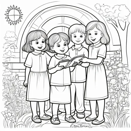 Prompt: Create a colouring page for four year olds that shows children being helpful and nice to each other. I need it to be a colouring page that children can colour, not a picture of children with a colouring page. At the bottom of each colour page, please put this text: "The call to service is an uplifting, all-embracing summons.
~ The Universal House of Justice"



