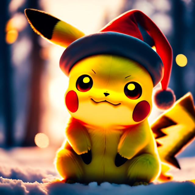 Prompt: Pikachu with santa hat in a winter background, anime, yellow fur, reflective eyes, ray tracing, glowing