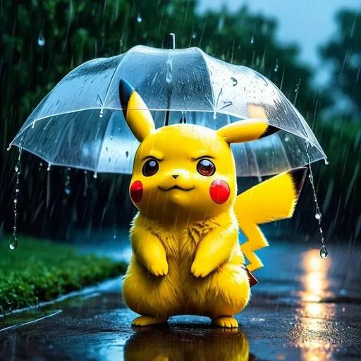Prompt: Pikachu in the rain during spring season, reflective eyes, glowing fur, anime