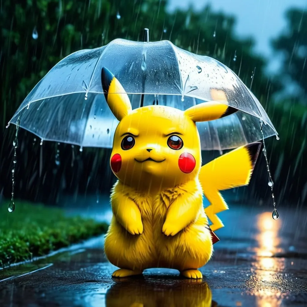 Prompt: Pikachu in the rain during spring season, reflective eyes, glowing fur, anime