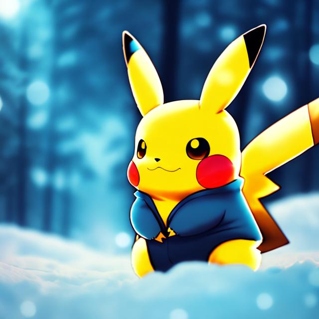 Prompt: Pikachu in a winter background, anime, yellow fur, reflective eyes, ray tracing, glowing