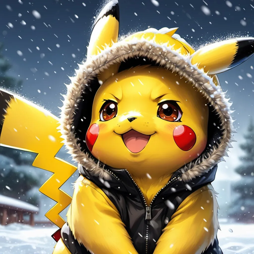 Prompt: Pikachu in the winter season, happy, wearing a black and yellow coat, snowing, reflective eyes, glowing fur, anime