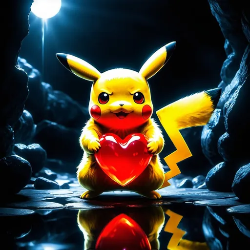 Prompt: Pikachu in a dark place carrying a red glowing heart, reflection, glowing fur, anime