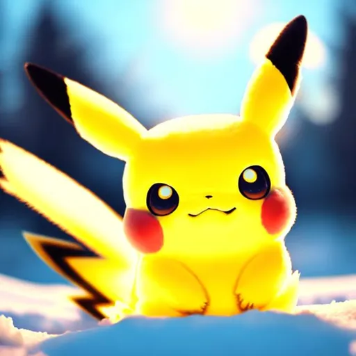 Prompt: Pikachu in a winter background, anime, yellow fur, reflective eyes, ray tracing, glowing