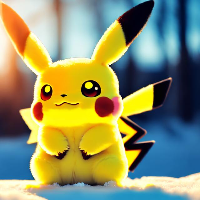 Prompt: Pikachu in a winter background, anime, yellow fur, reflective eyes, ray tracing