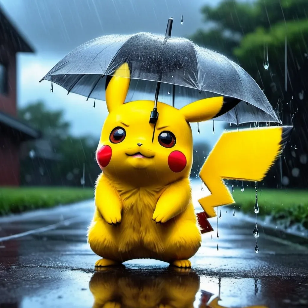 Prompt: Pikachu in the rain during spring season, reflective eyes, glowing fur, anime