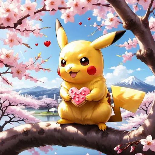Prompt: Pikachu sitting at a cherry blossom tree, eating a heart shape cookie, anime, glowing fur, reflective eyes