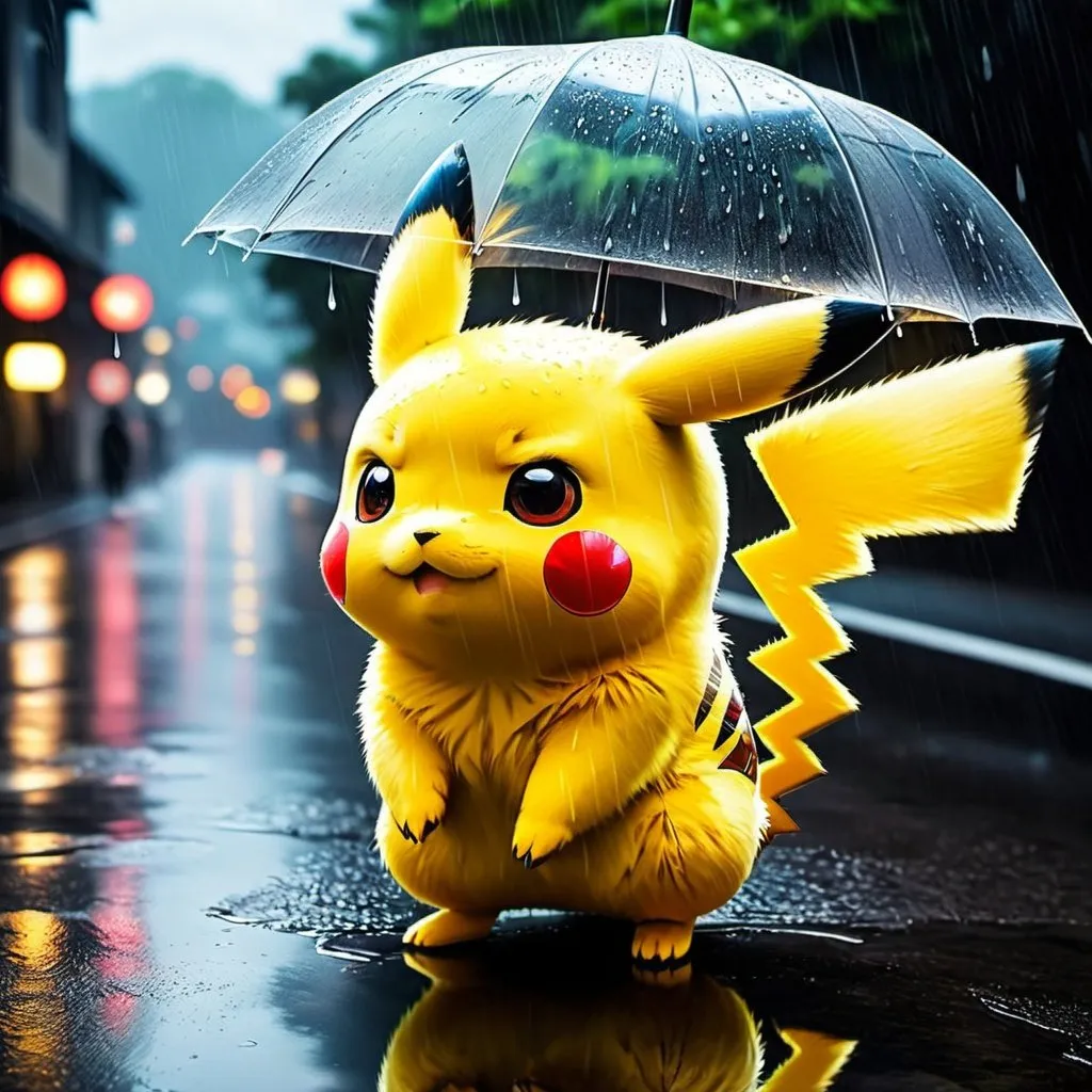 Prompt: Pikachu walking in a rainy season, far from the photo, glowing fur, reflective eyes, anime