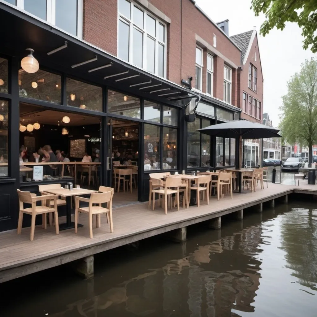 Prompt: maak een al you can eat restaurant in een geoot winkelcentrum aan het water waarbij dit zichtbaar is. De naam is Nijstreek. zet dat er boven dus een bord met ''NijStreek'' erop aan het water vanuit de buitenkant