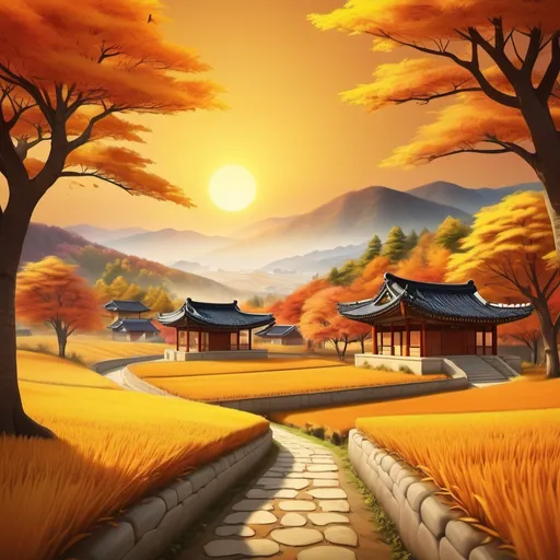 Prompt: (beautiful representation of Korean Chuseok), vibrant autumn colors, rich harvest,  (warm golden sunset),  festive atmosphere, harmonious countryside background, serene and peaceful mood, ultra-detailed, HD