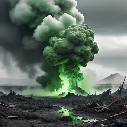 Prompt: a metallic explosion, post - apocalyptic world, green lava, steam, fog, grey skies