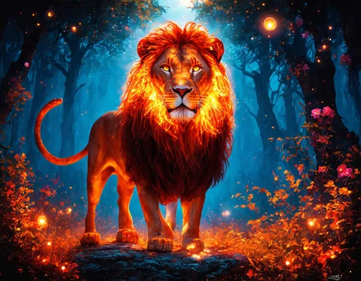 Prompt: "Create a surreal, dream-like image of a majestic lion standing proudly as the king of the jungle. The lion's mane and fur should be in a translucent, light red shade, glowing brightly as if illuminated from within. Enhance the glow effect to make the lion appear more radiant. Add bioluminescent plants and flowers around the lion's feet and the rocky outcrop, glowing in harmony with the lion. Introduce dramatic background lighting, with sun rays piercing through the trees, highlighting the lion's silhouette and giving a more ethereal atmosphere. Use deep blues and purples in the background foliage to create a vibrant contrast with the light red of the lion. Include mystical elements like glowing orbs, floating particles, and wisps of light around the lion, enhancing the magical and otherworldly feel of the scene."