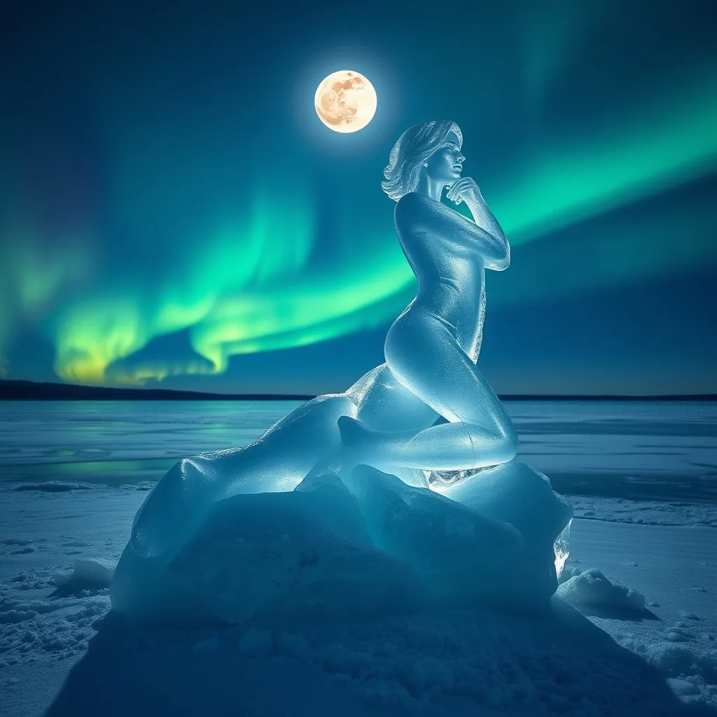 Prompt: Female ice sculpture of pure ice on lake in arctic Canada during winter time, moonlight reflected by surfaces of female ice sculpture, full moon, Aurora, dreamy image, ice sculpture in arctic moonlight,