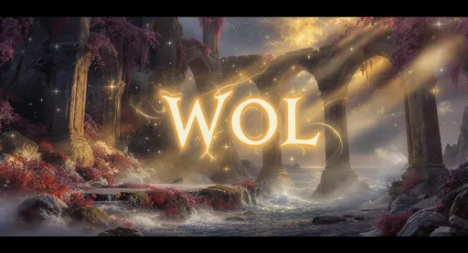 Prompt: a cinematic fantasy background featuring the word "WOL" subtly integrated into the environment, glowing letters carved into ancient stone or floating in soft magical light, gothic ruins by the sea at dawn, ethereal atmosphere, soft golden rays shining through arches, dreamy lighting, highly detailed painterly style, fantasy realism, by WLOP --ar 9:16 --v 6 --style raw
