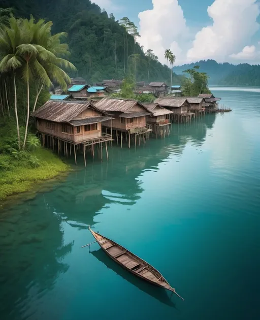 Prompt: a boat floating on top of a body of water near a forest covered shore line with houses on stilts, Ding Yunpeng, sumatraism, very beautiful scenery, a detailed matte painting