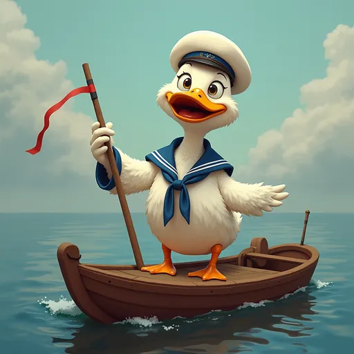 Prompt: un pato vestido de marinero sobre un barco