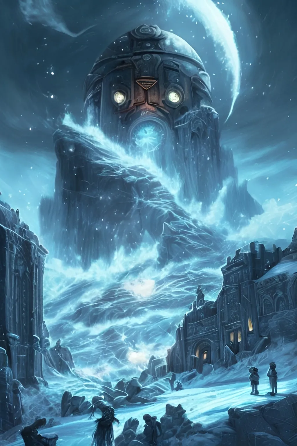 Prompt: A fantasy drawing of an arctic apocalypse with a time bomb. Use a style similar to Magic: The Gathering cards.