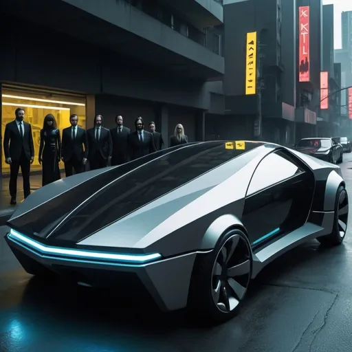 Prompt: carro futurista com design arrojado e elegante, além de moderno e bonito, em ambiente futurista  de rua, com prédios e tráfego de pessoas e carros. visual que lembra os filmes Matrix, John Wick, Kill bill, Blade runner.