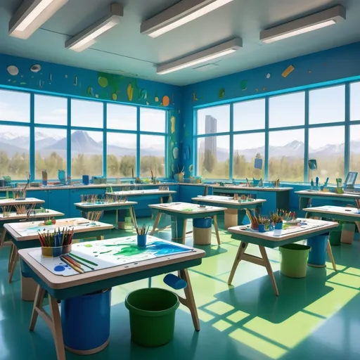 Prompt: futuristic art class and glass windows with lots of blue and green. There’s futuristic desks. art utensils (pencils, paint brush, paint buckets) on desks