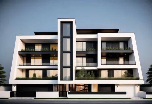 Prompt: A 3 STORY BUILDING  PLEASE MAKE IT TO LOOK  LIKE A LUXURY VILLA WITH INNOVATIVE DESIGN WITH BLACK ALUMINUM  THE LAST TWO FLOORS ARE A DUPLEX THERE  IS ROOF TILES ON THE ROOF  THE SHAPE MUST BE LUXURY  DESIGN .STRIP LIGHT ON HORIZONTAL AND VERTICAL ELEMENTS. LOUVERS ON BALCONIESTHE SHAPE 