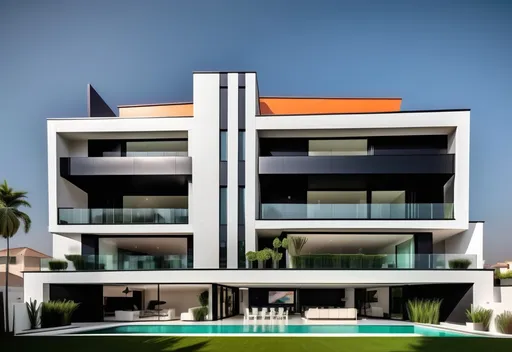 Prompt: A 3 STORY BUILDING  PLEASE MAKE IT TO LOOK  LIKE A VILLA WITH INNOVATIVE DESIGN WITH BLACK ALUMINUM  THE LAST TO FLOOR IS A DUPLEX THE IS A ROOF TILES ON THE ROOF