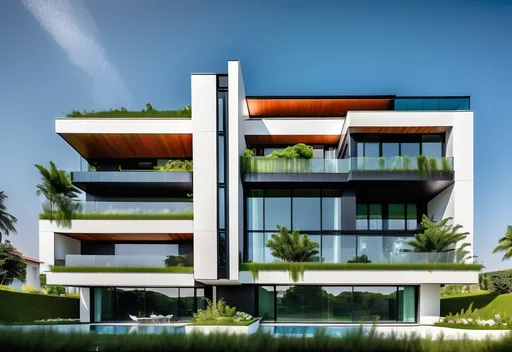 Prompt: A 3 STORY BUILDING  PLEASE MAKE IT TO LOOK  LIKE A VILLA WITH INNOVATIVE DESIGN WITH BLACK ALUMINUM 