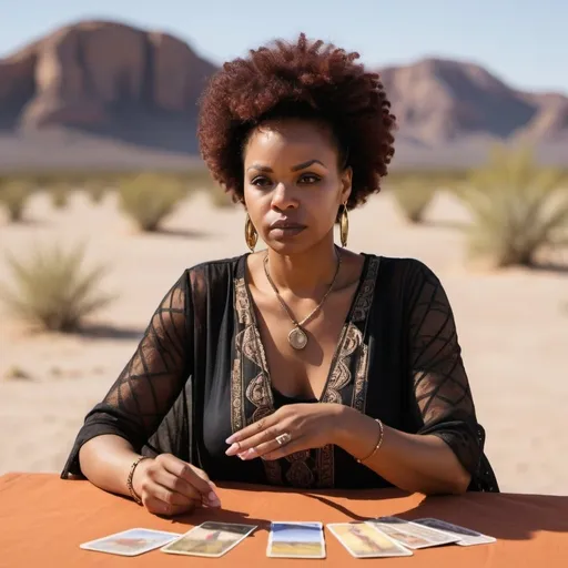 Prompt: Female African American psychic in the middle of the desert sitting at table reading tarot cards