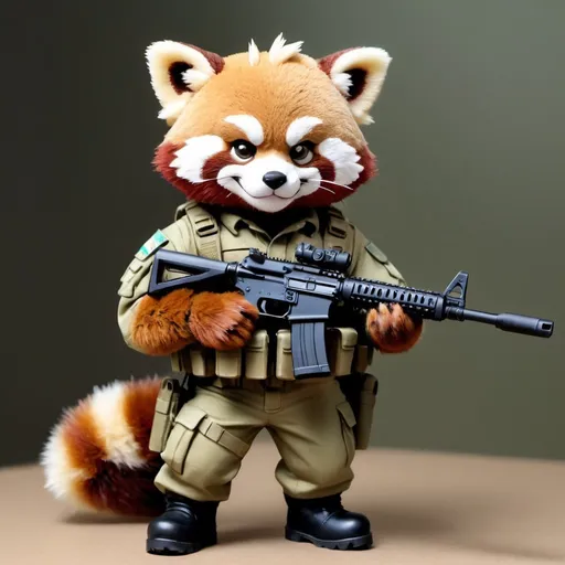 Prompt: Animated angry Red panda wearing multicam special operations soldier uniform. Wearing coyote brown boots and a weapon with suppressor. 