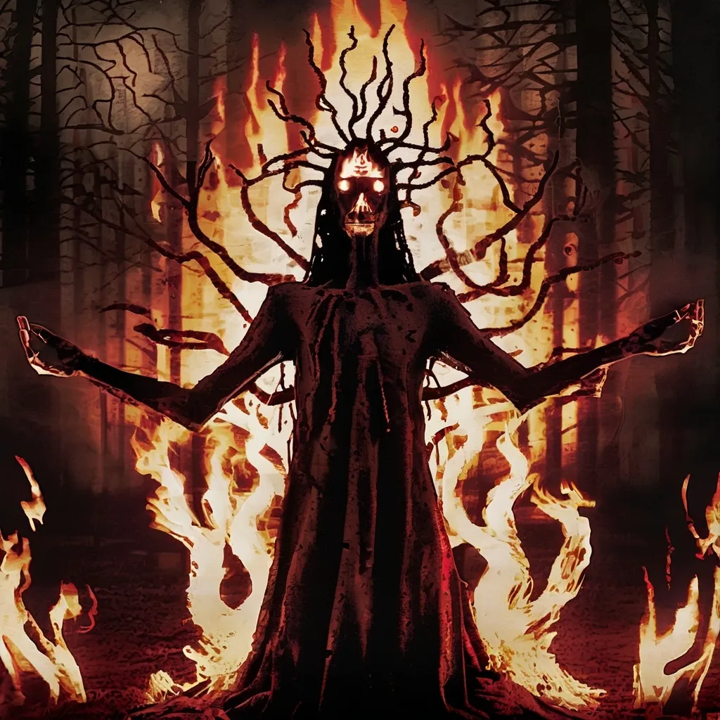 Prompt: A haunting, ritualistic figure covered in eyes, with a crimson mark on its chest. The figure stands with arms outstretched, surrounded by flames and ominous symbols, evoking a dark, mystical atmosphere. The chaotic, surreal background and eerie details make the image deeply unsettling.
   Vibe: Mystical Horror, Surreal, Dark Ritual, ritualistic, old art